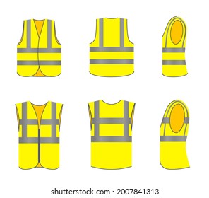 Traffic or industrial worker jacket uniform apparel set. Sleeveless jacket with luminous tape vector illustration. Front, rear and side view of protective clothing isolated on white background