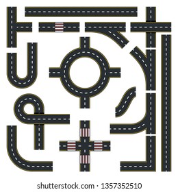 Traffic Interchange Kit. Set of Seamless Road Top View. Vector Illustration