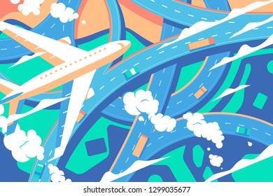 Traffic intersection from top view with car, airplane and truck. Concept vehicle with road and crossroad. Vector illustration.