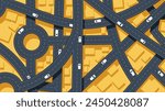 Traffic intersection from top view with cars. Concept vehicle with road and crossroad. Generic city map with signs of streets, roads. Abstract navigation plan of small urban area. Vector illustration