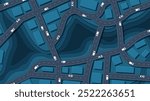 Traffic intersection from top view with cars. Concept vehicle with road and crossroad. Generic city map with signs of streets, roads. Abstract navigation plan of small urban area. Vector illustration