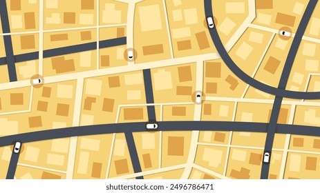 Traffic intersection from top view with cars. Concept vehicle with road and crossroad. Generic city map with signs of streets, roads. Abstract navigation plan of small urban area. Vector illustration