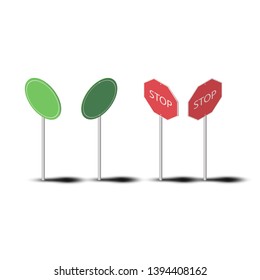Traffic isometric road realistic signs vector icons set isolated on background. Collection of signage signal warning stop danger caution speed highway empty parking street board direction illustration