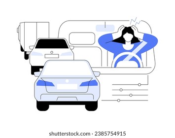 Traffic jam abstract concept vector illustration. Upset woman disappointed because of traffic jam, personal transport, car stuck, ground transportation, feeling tired abstract metaphor.