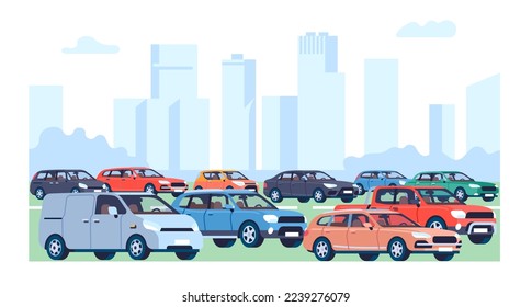 Traffic jam. Automobiles congestion. City transportation. Downtown skyscrapers. Urban landscape with vehicles and buildings. Cars on highway. Town road. Minivans and