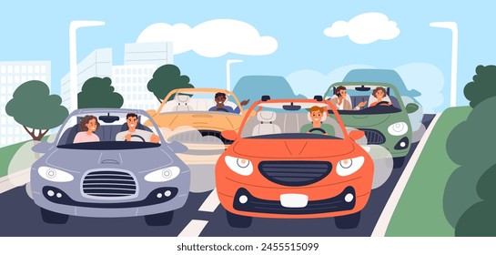 Traffic jam. Bad mood people in cars. Confused sad drivers and passengers. Automobiles front view. Vehicles congestion at highway. Transport collapse. City roadway