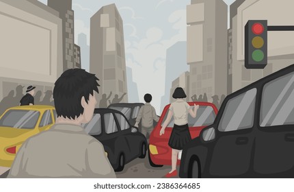 atasco de tráfico ciudad ocupada calle mano ilustración de fondo