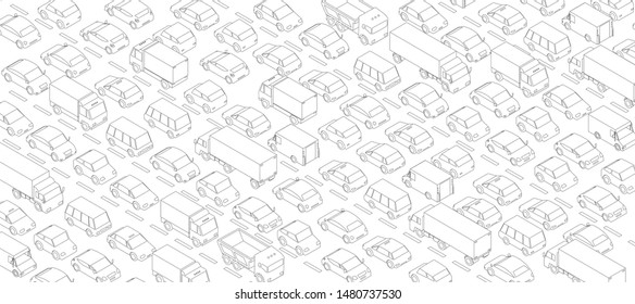 Traffic jam, car plug transport highway road. A lot of cars. Gray lines outline contour style. Background monochrome vector horizontal banner