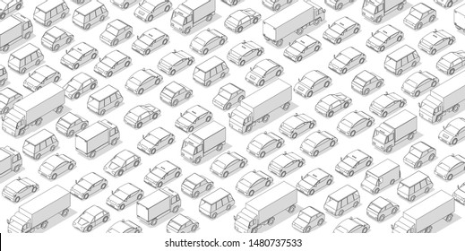 Traffic jam, car plug transport highway road. A lot of cars. Gray lines outline contour style with shadow. Background monochrome vector horizontal banner