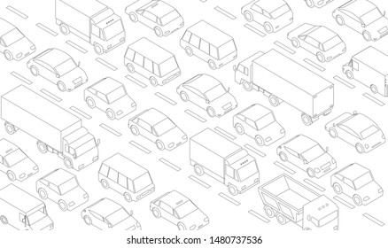 Traffic jam, car plug transport highway road. A lot of cars. Gray lines outline contour style. Background monochrome vector illustration.