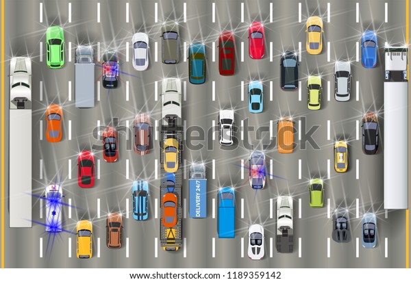 traffic jam with cars with headlights on at night\
top view