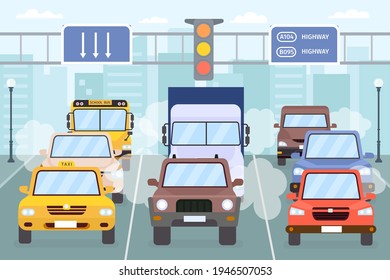 Traffic jam. Cars on city road smoke, smog and exhaust gas. Vehicle, taxi, truck and bus urban highway. Air pollution vector concept. Illustration traffic street, city travel, automobile congestion