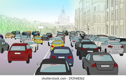 Traffic jam of cars on the main street
