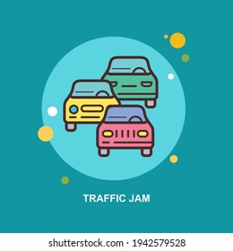 Traffic jam with cars and other vehicles overcrowded on blue background flat concept design