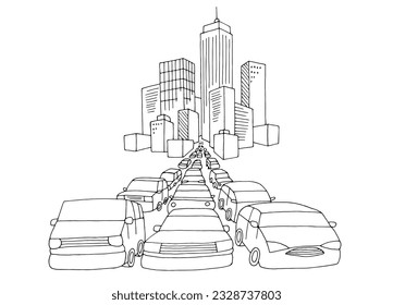 Atasco de tráfico de la ciudad gráfico paisaje blanco y negro ilustración vector 