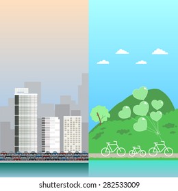 Traffic jam in city. Ride a bicycle in countryside. Vector illustration