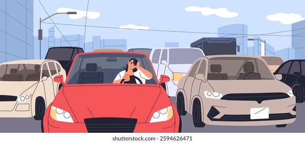 Traffic jam in city. Woman driver waiting, stuck in heavy congestion in rush hour on busy urban road. Many cars in commute problem in metropolitan street with slow movement. Flat vector illustration