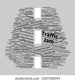 Traffic Jam Cloud. Composition of Words Related to City Traffic Challenges. Isolated Background.