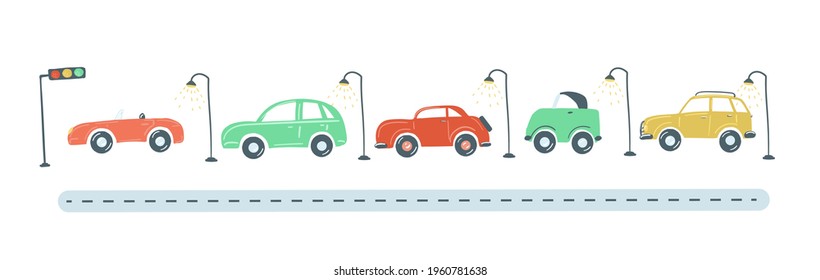 traffic jam from colored cars flat simple cartoon style hand drawing. vector illustration