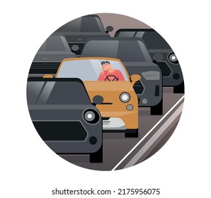Traffic jam concept. Man in car sits and waits at traffic light, road congested with vehicles. Confused character waiting for movement feeling, bored driver. Cartoon flat vector illustration