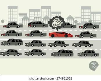 traffic jam concept,super car stuck in traffic jam and driver is in bad mood