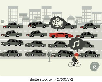 traffic jam concept,super car stuck in traffic jam and bicycle go faster.