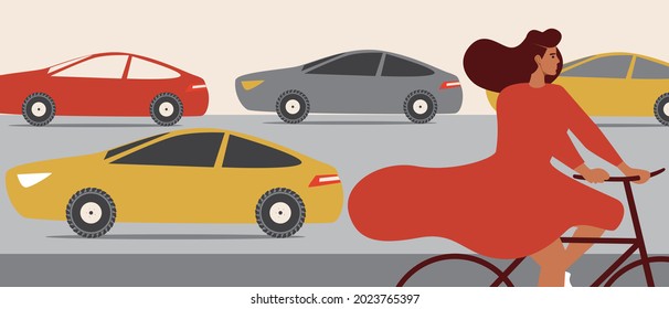 Traffic jam, cyclist on the sidewalk. Flat vector stock illustration. Bicycle transport. Traffic jam cars. Urban bike. Slow traffic. Woman on a bike. Vector graphics