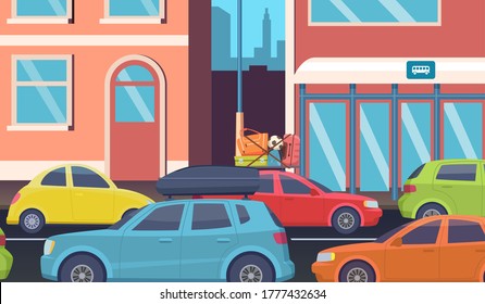 Traffic jam in downtown. Morning road problems, cars on city street. People driving to office vector illustration