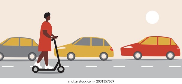 Traffic jam and e-scooter. Flat vector stock illustration. Jammed cars. Afro woman on the electric scooter. Modern eco-friendly transport. Vector graphics