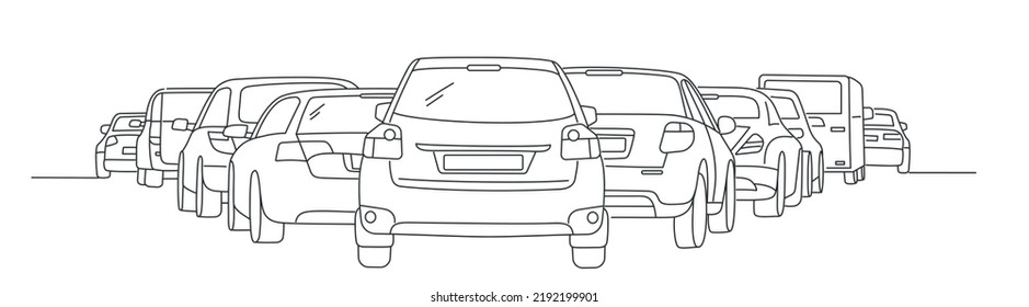 Traffic jam. Hand drawn vector illustration. Black and white.