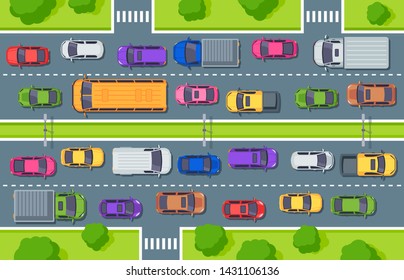 Traffic jam. Highway top view, trucks cars on road and car traffic control. Street driver, city vehicle air pollution or cargo jams cars driving art for game vector illustration