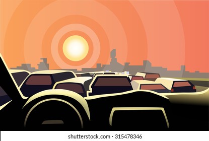 Traffic jam in hot summer evening