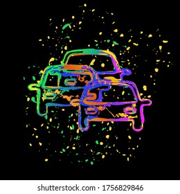 icono de atasco de tráfico. Tinta coloreada con salpicaduras en fondo negro