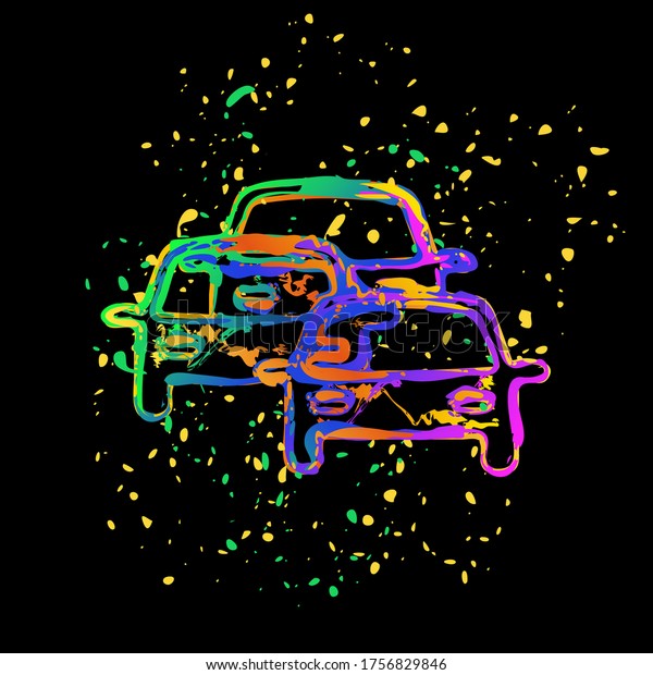 traffic jam icon. Colored ink with splashes on\
black background