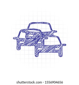 traffic jam icon. Hand drawn sketched picture with scribble fill. Blue ink. Doodle on white background