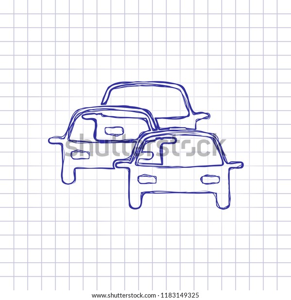 traffic jam\
icon. Hand drawn picture on paper sheet. Blue ink, outline sketch\
style. Doodle on checkered\
background