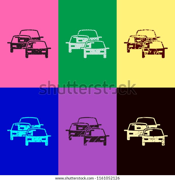 traffic jam icon. Pop art style.\
Scratched icons on 6 colour backgrounds. Seamless\
pattern