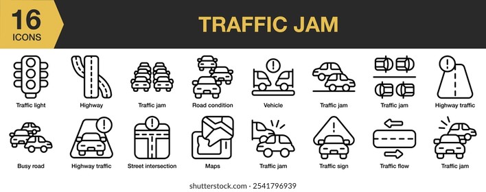 Conjunto de iconos de atasco de tráfico. Incluye carretera de autobús, carretera, carretera, calle, vehículo de atasco de tráfico y más. Colección de Vector de iconos de contorno.