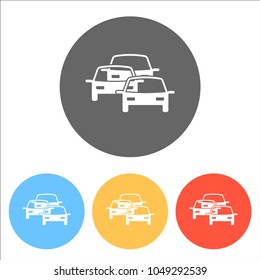 traffic jam icon. Set of white icons on colored circles