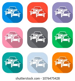 traffic jam icon. Set of white icons on colored squares for appl
