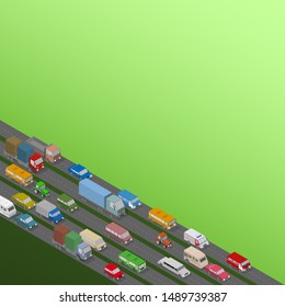 Traffic Jam. Isometric Cars and Houses for Illustration Of Busy Road. Vector