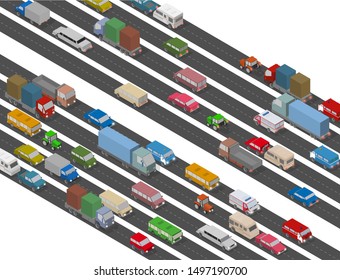 Traffic Jam. Isometric Cars and Houses for Illustration Of Busy Road. Vector