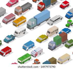 Traffic Jam. Isometric Cars and Houses for Illustration Seamless Pattern. Vector