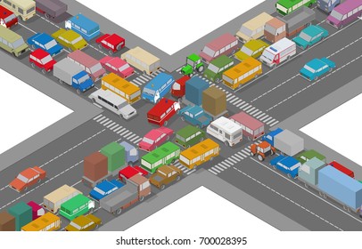 Traffic Jam. Isometric Cars and Houses for Illustration Of Busy Road. Vector