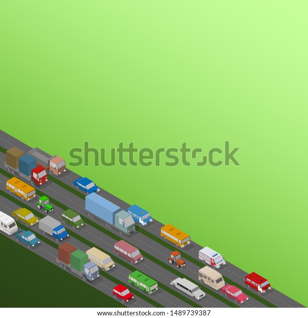 Traffic Jam. Isometric Cars and Houses for\
Illustration Of Busy Road.\
Vector