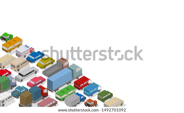 Traffic Jam. Isometric Cars and Houses for\
Illustration Of Busy Road.\
Vector