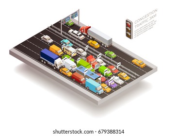 Traffic jam isometric top view design concept with stoplight cars and trucks on multilane roadway vector illustration  