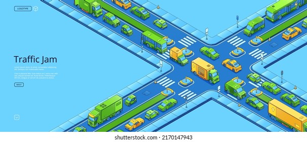 Traffic jam isometric web banner, city crossroad with cars at rush hour, crowded road with urban vehicles, zebra and signs at sidewalks. Busy automobile transportation, 3d vector line art illustration