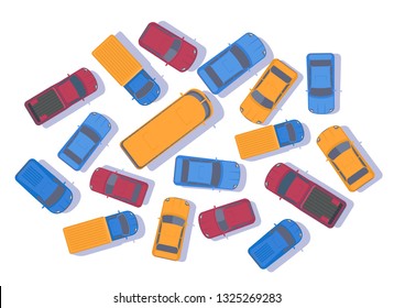 Traffic jam. Large congestion of cars. Top view vector flat illustration isolated on white.