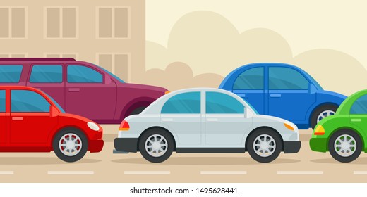 Traffic jam. Numerous cars  on the road, highway. Traffic congestion in rush hour. Vector illustration, flat design, cartoon style. Side view.